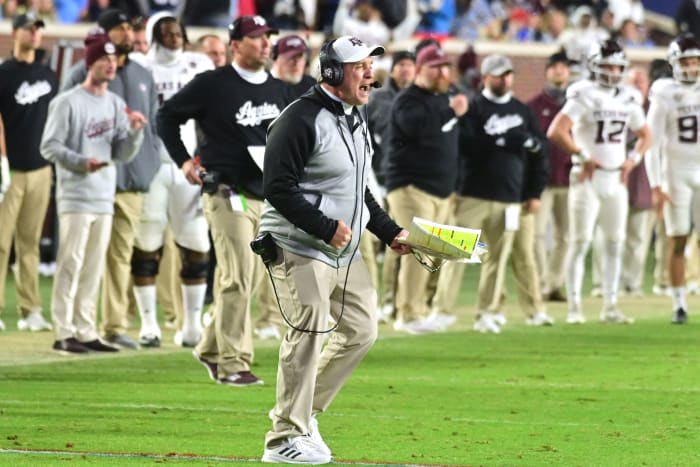 Nov 13, 2021; Oxford, Mississippi, USA; Texas A&M Aggies head coach Jimbo Fisher reacts during the fourth quarter against the Mississippi Rebels at Vaught-Hemingway Stadium.