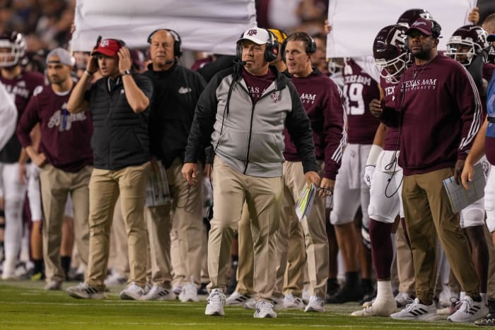 Oct 29, 2022; College Station, Texas, USA; Texas A&M Aggies head coach Jimbo Fisher looks on in the first half against the Mississippi Rebels at Kyle Field.