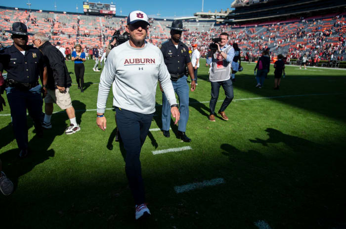 Auburn Tigers head coach Bryan Harsin walks off the field after the game as the Auburn Tigers take on Arkansas Razorbacks at Jordan-Hare Stadium in Auburn, Ala., on Saturday, Oct. 29, 2022. Arkansas Razorbacks defeated Auburn Tigers 41-27.