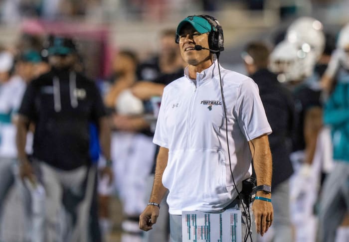Oct 1, 2022; Conway, South Carolina, USA; Coastal Carolina Chanticleers head coach Jamey Chadwell during a game against the Georgia Southern Eagles at Brooks Stadium. Mandatory Credit: David Yeazell-USA TODAY Sports