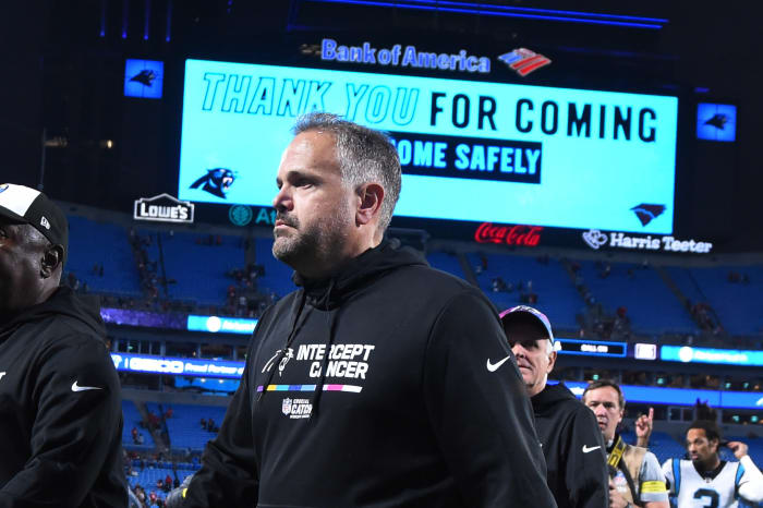 Oct 9, 2022; Charlotte, North Carolina, USA; Carolina Panthers head coach Matt Rhule leaves the field after the game at Bank of America Stadium. Mandatory Credit: Bob Donnan-USA TODAY Sports
