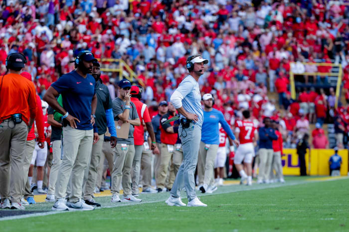 Oct 22, 2022; Baton Rouge, Louisiana, USA; Mississippi Rebels head coach Lane Kiffin looks on during the second half against the LSU Tigers at Tiger Stadium. Mandatory Credit: Stephen Lew-USA TODAY Sports