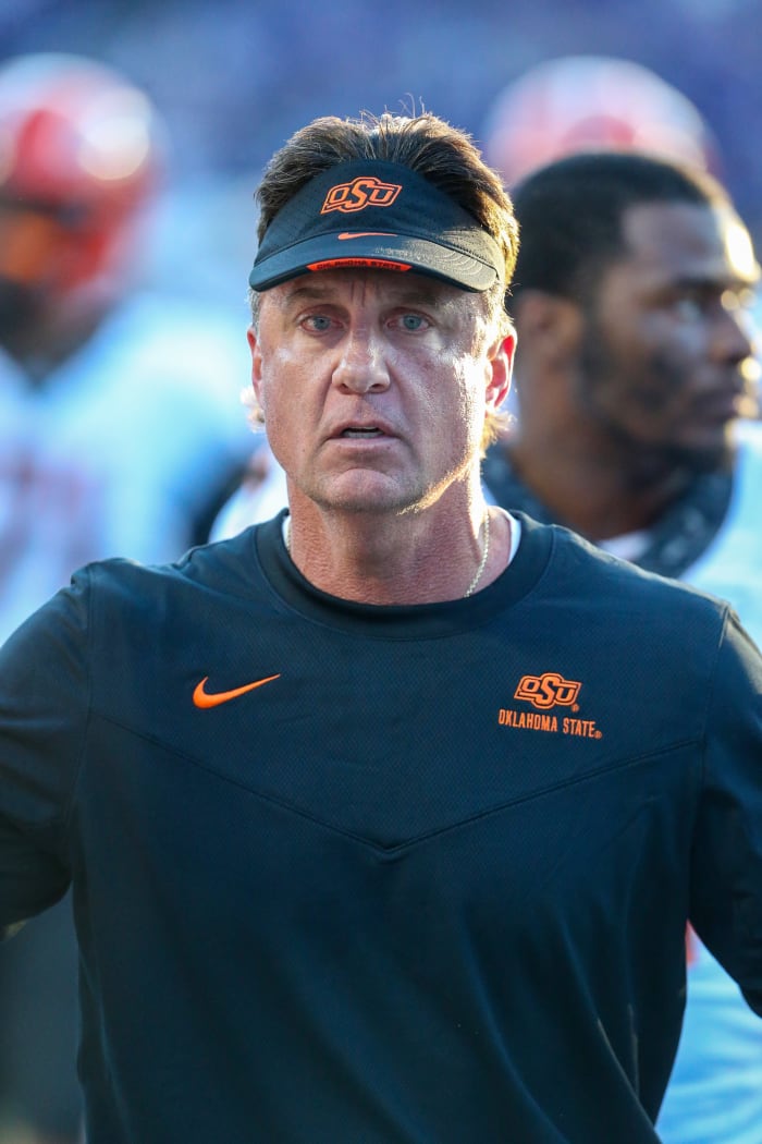 Oct 29, 2022; Manhattan, Kansas, USA; Oklahoma State Cowboys head coach Mike Gundy leaves the field following a loss to the Kansas State Wildcats at Bill Snyder Family Football Stadium.
