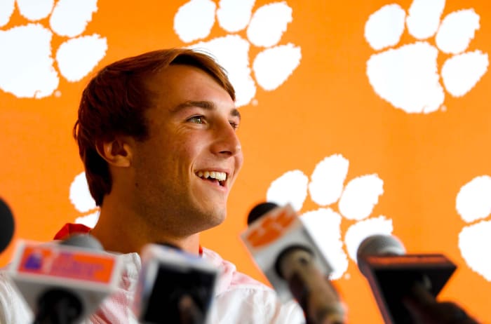 Clemson Freshman QB fields questions in a postgame press conference. Photo by Ken Ruinard of USA Today.