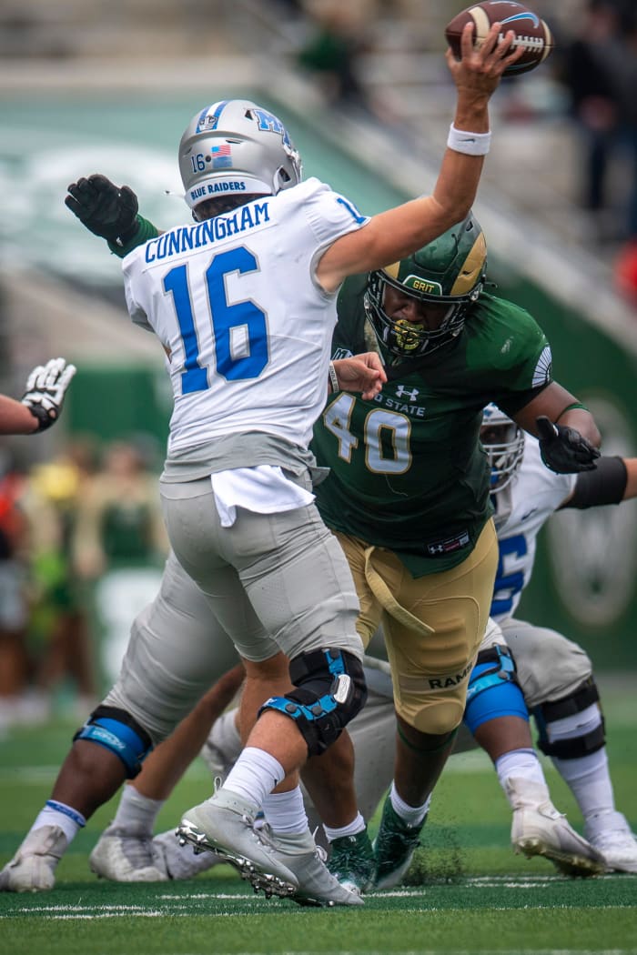 Colorado State football player Devin Phillips takes aim at Middle Tennessee quarterback Chase Cunningham during a game at Canvas Stadium in Fort Collins, Colo. on Saturday, Sept. 10, 2022.