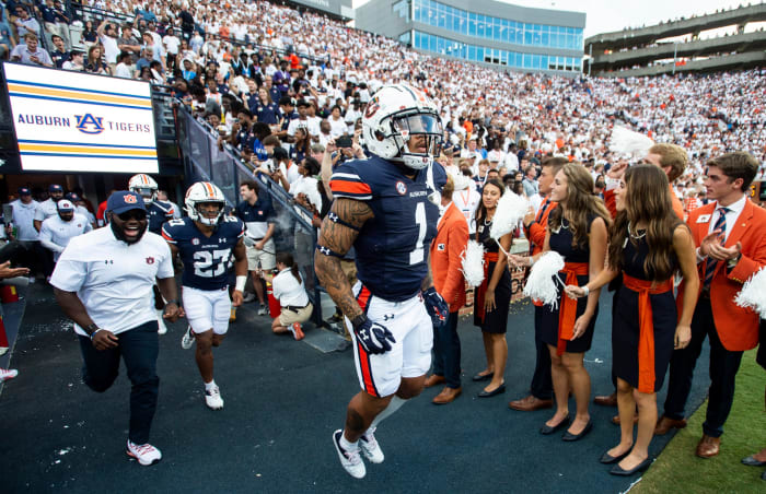 Auburn Tigers safety Donovan Kaufman (1) takes the field before Auburn Tigers take on Mercer Bears at Jordan-Hare Stadium in Auburn, Ala., on Saturday, Sept. 3, 2022.