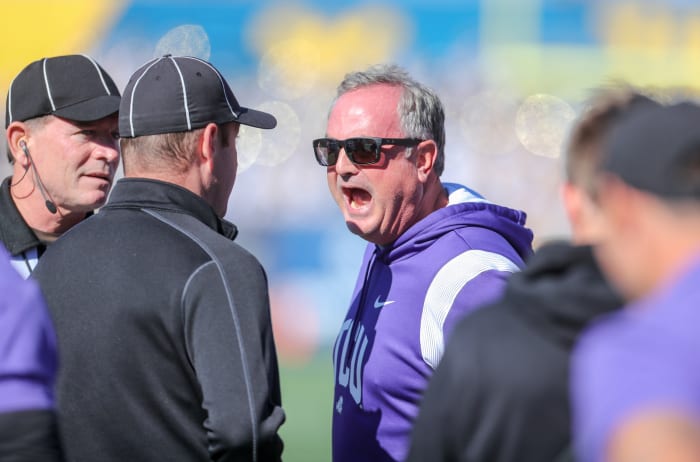 Oct 29, 2022; Morgantown, West Virginia, USA; TCU Horned Frogs head coach Sonny Dykes yells at an official during the first quarter against the West Virginia Mountaineers at Mountaineer Field at Milan Puskar Stadium.