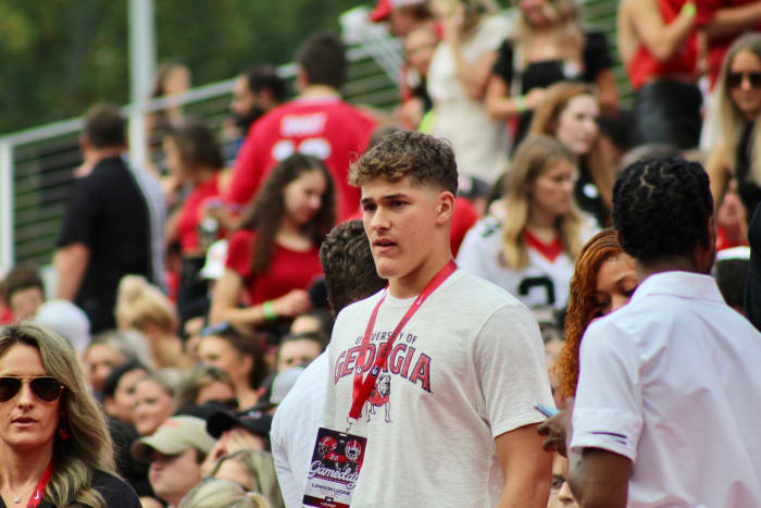 Norcross tight end Lawson Luckie watches the Georgia Bulldogs in warmups before a game against Arkansas on Oct. 2, 2021 in Sanford Stadium.