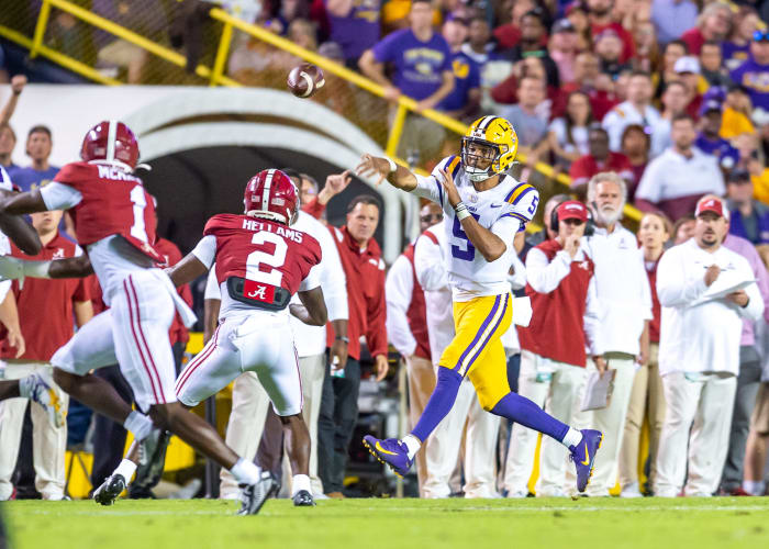 Quarterback Jayden Daniels throws a pass as the LSU Tigers take down Alabama 32-31 at Tiger Stadium in Baton Rouge, Louisiana,Saturday, Nov. 5, 2022.