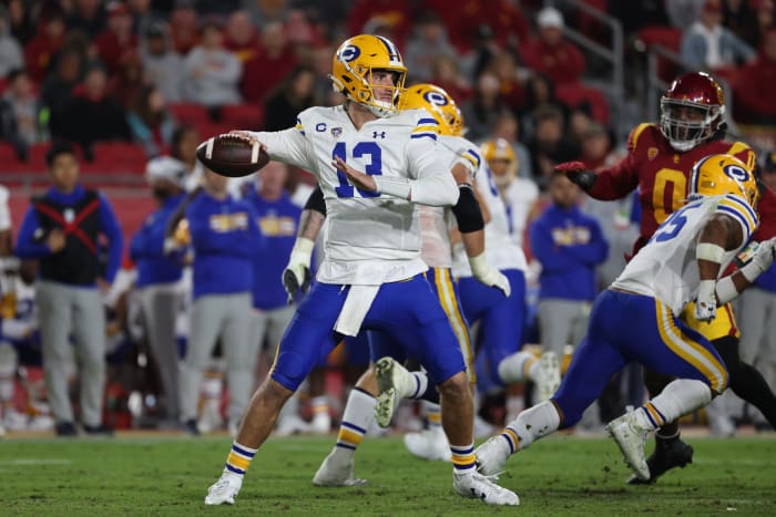 Nov 5, 2022; Los Angeles, California, USA; California Golden Bears quarterback Jack Plummer (13) looks to pass during the fourth quarter against the USC Trojans at United Airlines Field at Los Angeles Memorial Coliseum.