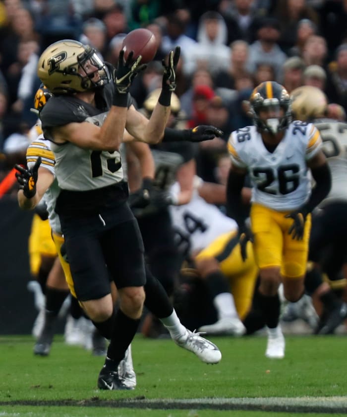 Purdue Boilermakers wide receiver Charlie Jones (15) catches a pass during the NCAA football game against the Iowa Hawkeyes, Saturday, Nov. 5, 2022, at Ross-Ade Stadium in West Lafayette, Ind. Iowa won 24-3.