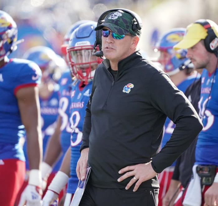 Nov 5, 2022; Lawrence, Kansas, USA; Kansas Jayhawks head coach Lance Leipold watches play against the Oklahoma State Cowboys during the first half of the game at David Booth Kansas Memorial Stadium.