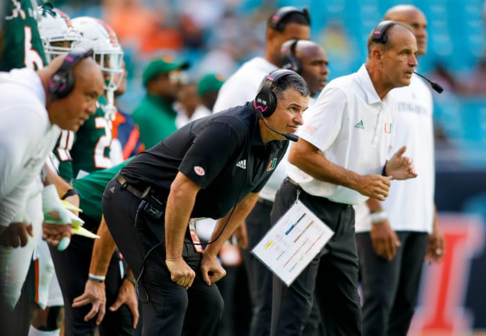 Oct 22, 2022; Miami Gardens, Florida, USA; Miami Hurricanes head coach Mario Cristobal looks on from the sideline during the fourth quarter against the Duke Blue Devils at Hard Rock Stadium.