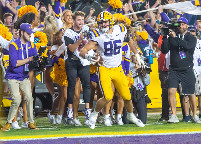 LSU tight end Mason Taylor celebrates after scoring the game-winning two point conversion in overtime against Alabama at Tiger Stadium