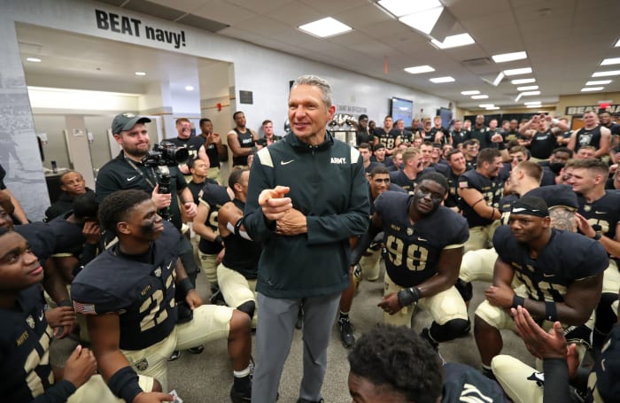 Oct 22, 2022; West Point, New York, USA; Army Black Knights head coach Jeff Monken speaks to his team in the locker room after a win against the Louisiana Monroe Warhawks at Michie Stadium.