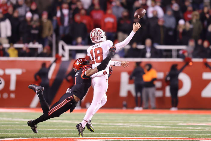 Nov 12, 2022; Salt Lake City, Utah, USA; Stanford Cardinal quarterback Tanner McKee (18) is hit by Utah Utes linebacker Mohamoud Diabate (3) as he throws the ball in the fourth quarter at Rice-Eccles Stadium.