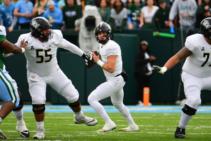 Nov 12, 2022; New Orleans, Louisiana, USA; UCF Knights quarterback John Rhys Plumlee (10) looks to pass against the Tulane Green Wave during the first quarter at Yulman Stadium.