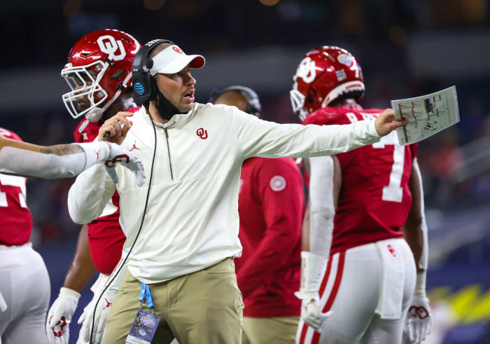Dec 30, 2020; Arlington, TX, USA; Oklahoma Sooners defensive coordinator Alex Grinch reacts during the second half against the Florida Gators at AT&T Stadium. Mandatory Credit: Kevin Jairaj-USA TODAY Sports