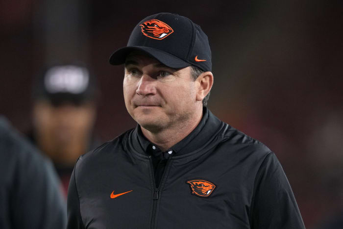 Oct 8, 2022; Stanford, California, USA; Oregon State Beavers head coach Jonathan Smith walks on the field before a game against the Stanford Cardinal at Stanford Stadium.
