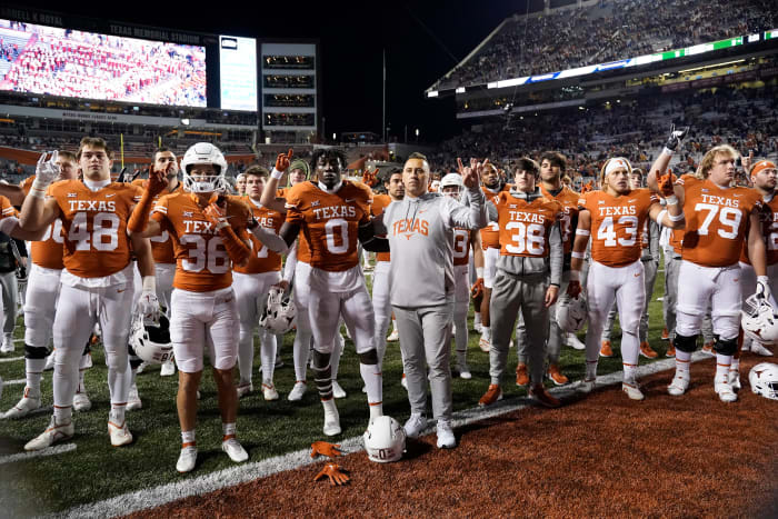 Nov 12, 2022; Austin, Texas, USA; Texas Longhorns head coach Steve Sarkisian and players stand with fans for The Eyes of Texas after a loss against the Texas Christian Horned Frogs at Darrell K Royal-Texas Memorial Stadium.