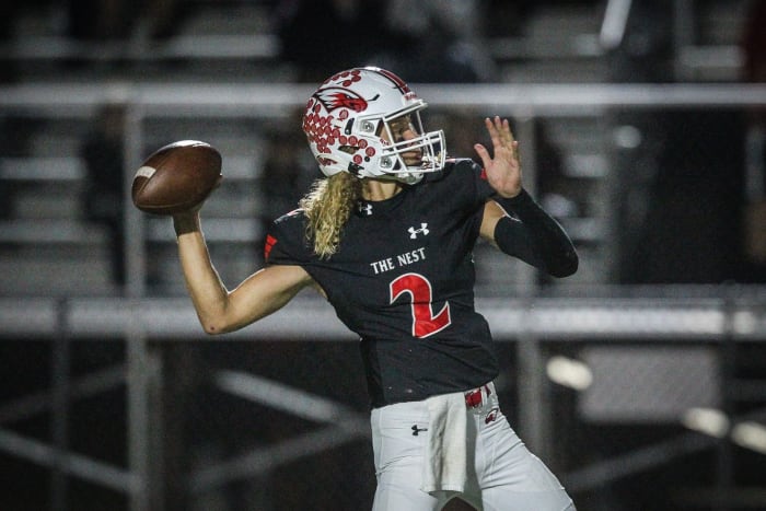 Maize junior quarterback Avery Johnson (2) loads up for a pass in the regular season finale against the Hutchinson Salthawks on October 25, 2021. Johnson and the Eagles look to make a deep run in the Class 5A playoffs.