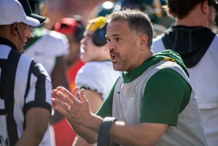 Oct 19, 2019; Stillwater, OK, USA; Baylor Bears head coach Matt Rhule speaks with an official during the game against the Oklahoma State Cowboys at Boone Pickens Stadium.