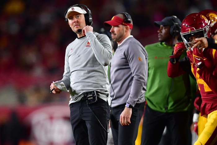 Nov 11, 2022; Los Angeles, California, USA; Southern California Trojans head coach Lincoln Riley watches game action against the Colorado Buffaloes during the second half at the Los Angeles Memorial Coliseum.
