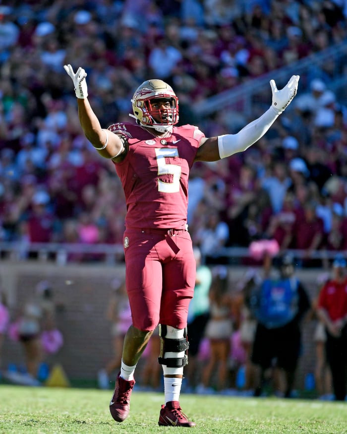 Oct 1, 2022; Tallahassee, Florida, USA; Florida State Seminoles defensive end Jared Verse (5) celebrates a sack during the first half against the Wake Forest Demon Deacons at Doak S. Campbell Stadium.