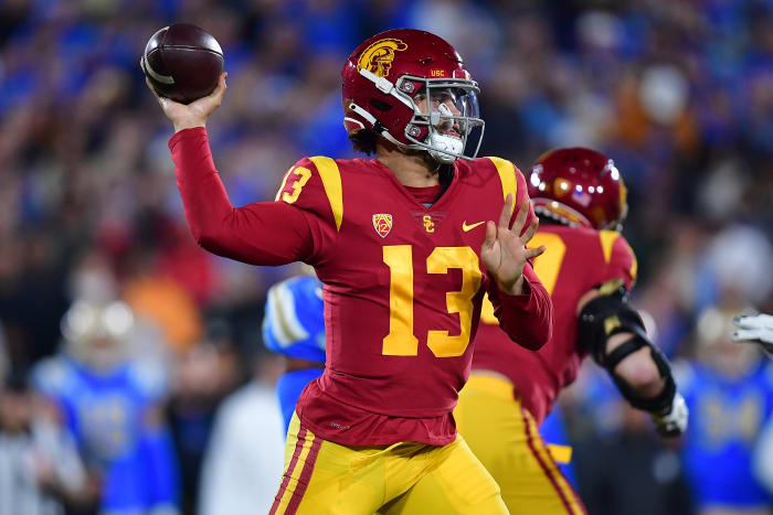 Nov 19, 2022; Pasadena, California, USA; Southern California Trojans quarterback Caleb Williams (13) throws against the UCLA Bruins during the first half at the Rose Bowl.