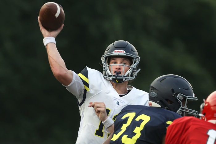 Lausanne quarterback Brock Glenn throws the ball during their scrimmage against Germantown on Friday, July 30, 2021.