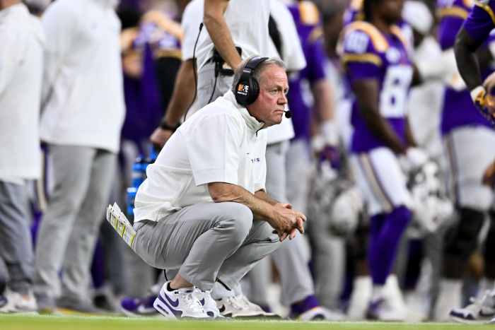 Dec 31, 2024; Houston, TX, USA; LSU Tigers head coach Brian Kelly looks on during the second half against the Baylor Bears at NRG Stadium. The Tigers defeat the Bears 44-31. Mandatory Credit: Maria Lysaker-Imagn Images