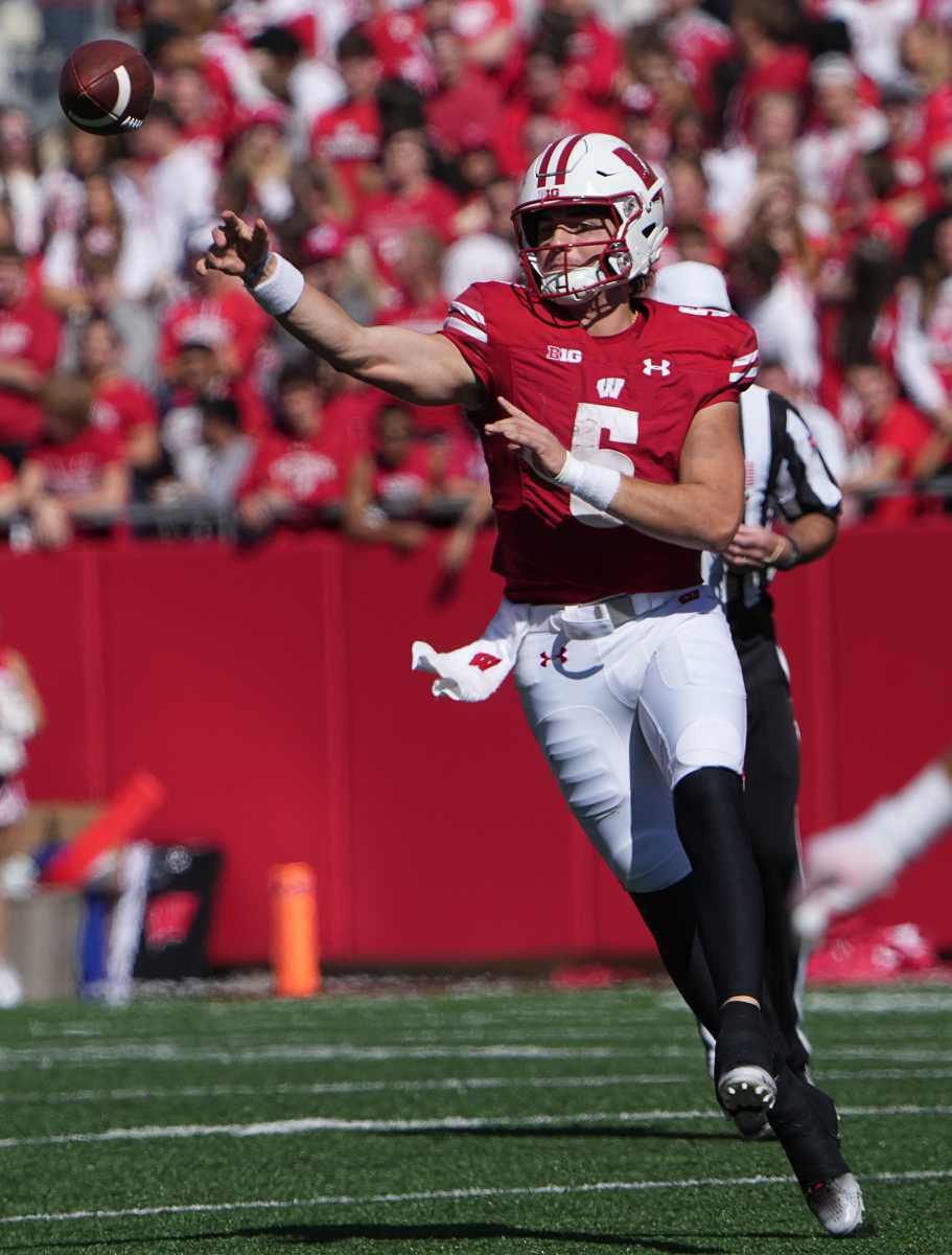 Wisconsin quarterback Graham Mertz (5) throws an incomplete pass during the third quarter of their game Saturday, October 1, 2022 at Camp Randall Stadium in Madison, Wis. Illinois beat Wisconsin 34-10.