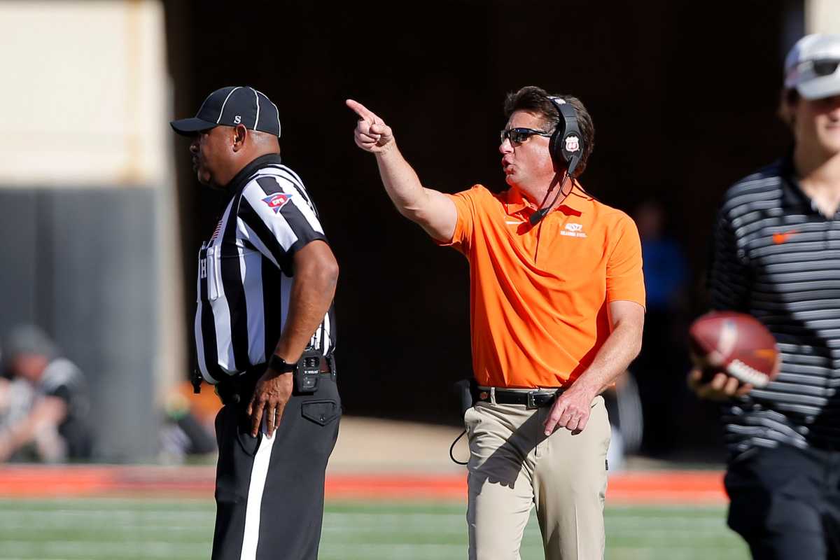 Oklahoma State Cowboys head coach Mike Gundy gestures during a college football game between the Oklahoma State Cowboys (OSU) and the University of Texas Longhorns at Boone Pickens Stadium in Stillwater, Okla., Saturday, Oct. 22, 2022. Osu Vs Texas Football