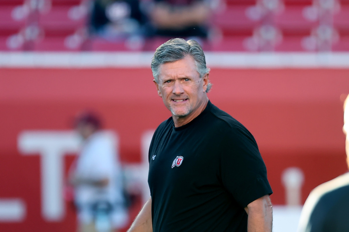 Oct 15, 2022; Salt Lake City, Utah, USA; Utah Utes head coach Kyle Whittingham watches warm up prior to a game against the USC Trojans at Rice-Eccles Stadium