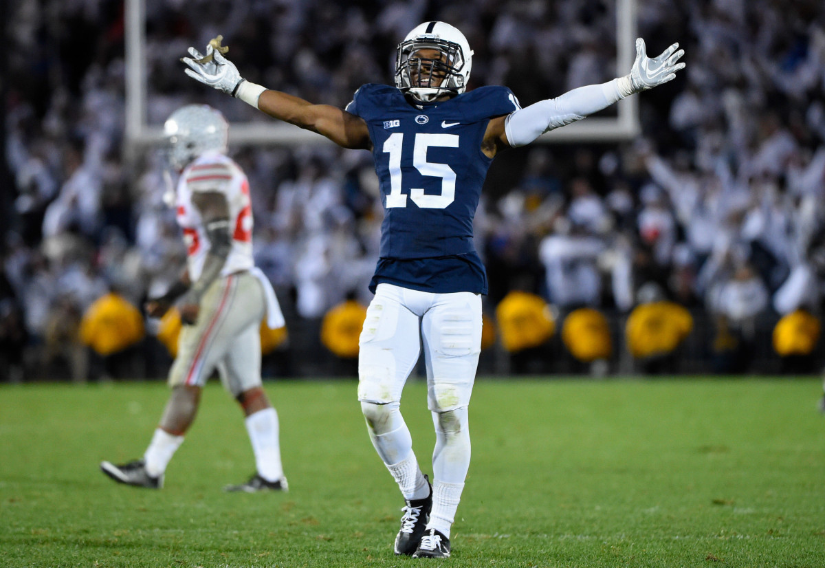 Oct 22, 2016; University Park, PA, USA; Penn State Nittany Lions cornerback Grant Haley (15) reacts against the Ohio State Buckeyes during the fourth quarter at Beaver Stadium. Penn State defeated Ohio State 24-21.
