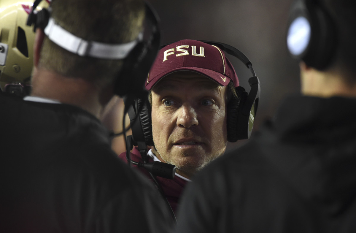 Oct 27, 2017; Chestnut Hill, MA, USA; Florida State Seminoles head coach Jimbo Fisher during the second half against the Boston College Eagles at Alumni Stadium.