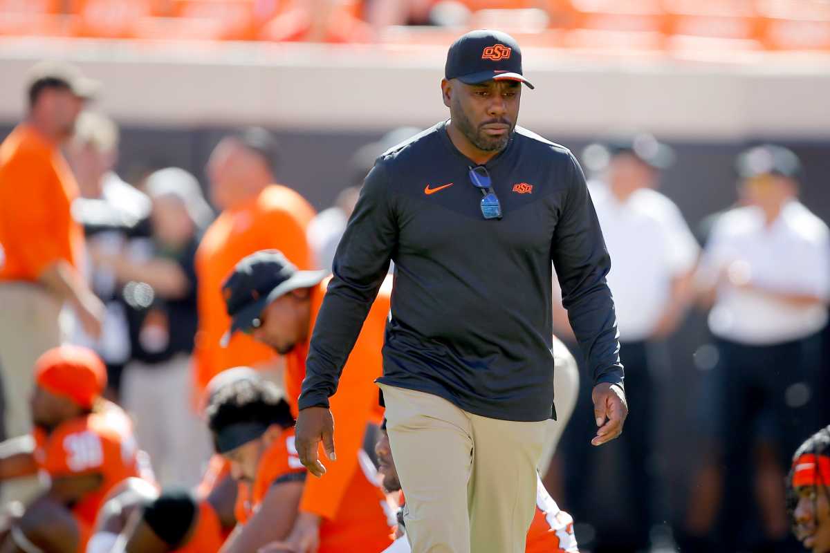 Oklahoma State defensive coordinator Derek Mason before a college football game between the Oklahoma State Cowboys (OSU) and the University of Texas Longhorns at Boone Pickens Stadium in Stillwater, Okla.