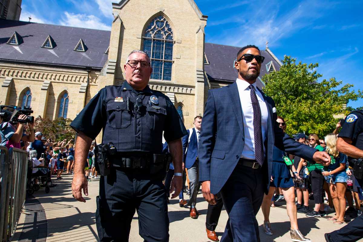 Notre Dame head coach Marcus Freeman walks out of the Basilica of the Sacred Heart before the Notre Dame vs. Marshall NCAA football game Saturday, Sept. 10, 2022 at Notre Dame Stadium in South Bend. Notre Dame Vs Marshall University
