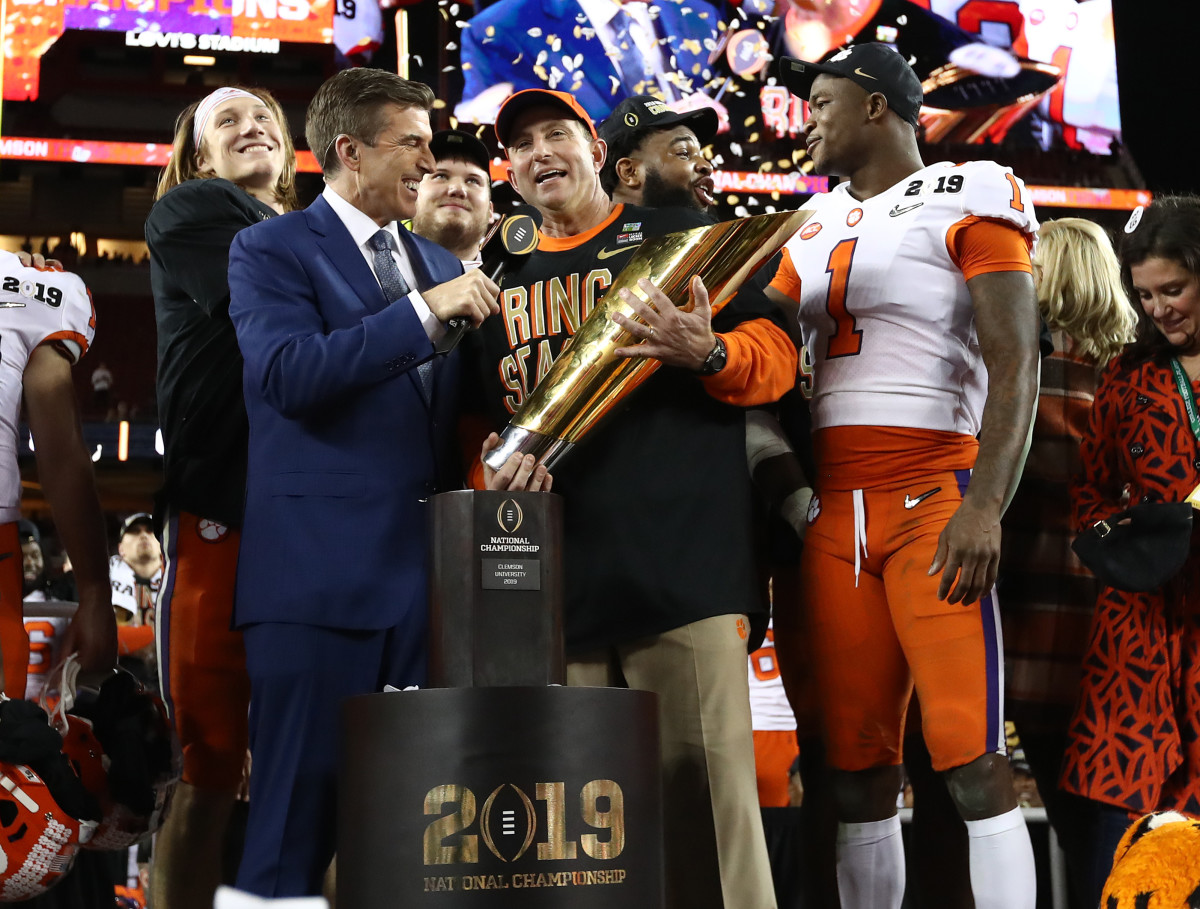 Jan 7, 2019; Santa Clara, CA, USA; Clemson Tigers head coach Dabo Swinney smiles and celebrates with the trophy against the Alabama Crimson Tide in the 2019 College Football Playoff Championship game at Levi's Stadium. Mandatory Credit: Matthew Emmons-USA TODAY Sports