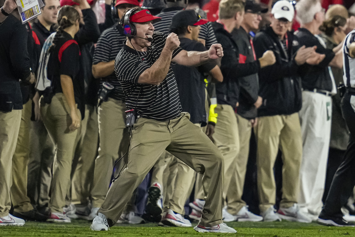Nov 5, 2022; Athens, Georgia, USA; Georgia Bulldogs head coach Kirby Smart (red visor) reacts as time runs out during the game against the Tennessee Volunteers during the second half at Sanford Stadium.