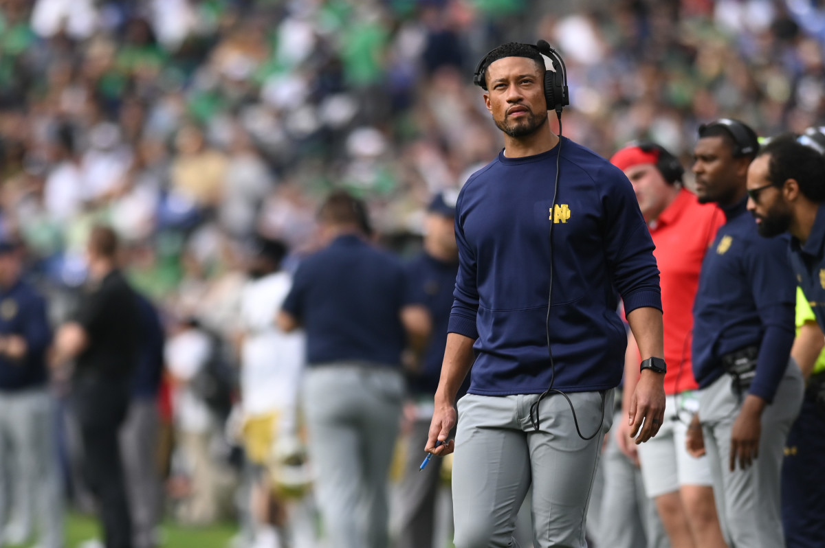 Nov 12, 2022; Baltimore, Maryland, USA; Notre Dame Fighting Irish head coach Marcus Freeman during the first quarter against the Navy Midshipmen at M&T Bank Stadium. Mandatory Credit: Tommy Gilligan-USA TODAY Sports