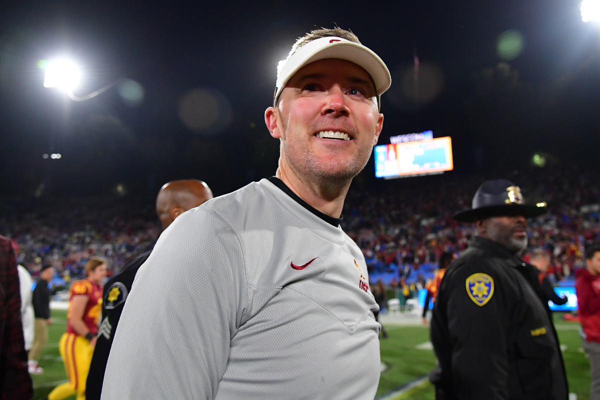 Nov 19, 2022; Pasadena, California, USA; Southern California Trojans head coach Lincoln Riley reacts following the victory against the UCLA Bruins at the Rose Bowl. Mandatory Credit: Gary A. Vasquez-USA TODAY Sports