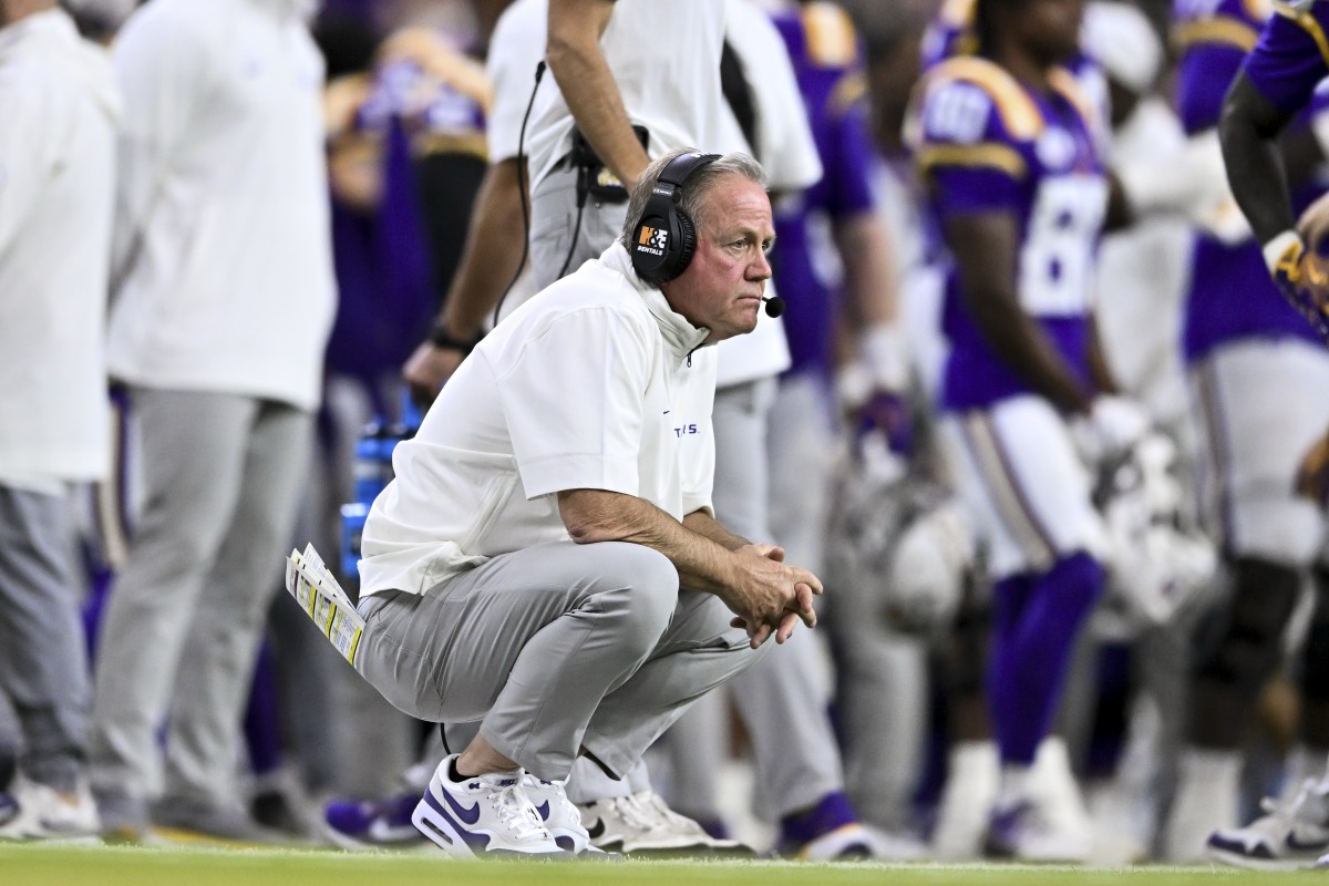 Dec 31, 2024; Houston, TX, USA; LSU Tigers head coach Brian Kelly looks on during the second half against the Baylor Bears at NRG Stadium. The Tigers defeat the Bears 44-31. Mandatory Credit: Maria Lysaker-Imagn Images