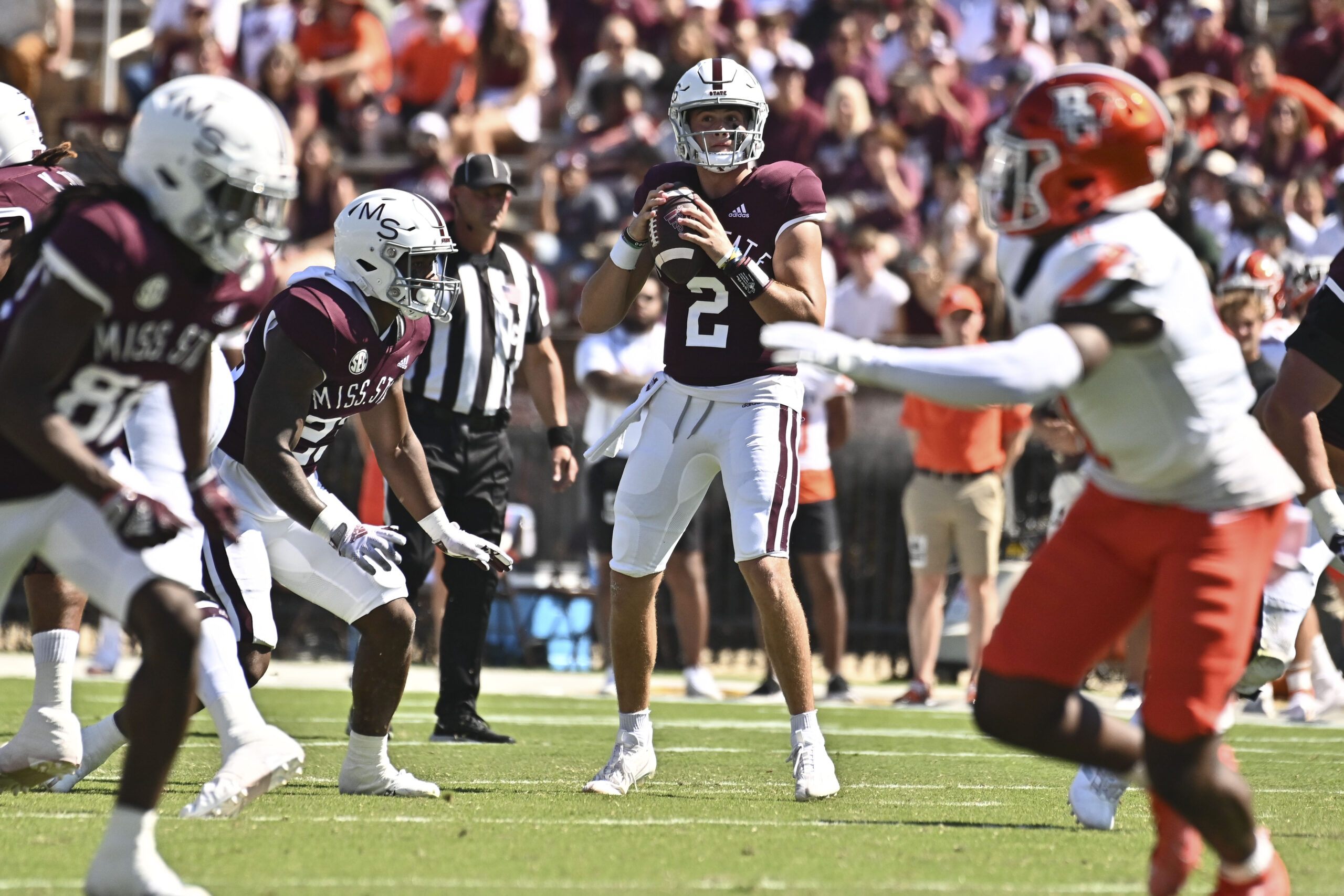 Sep 24, 2022; Starkville, Mississippi, USA; Mississippi State Bulldogs quarterback Will Rogers (2) looks to pass against the Bowling Green Falcons during the first quarter at Davis Wade Stadium at Scott Field.