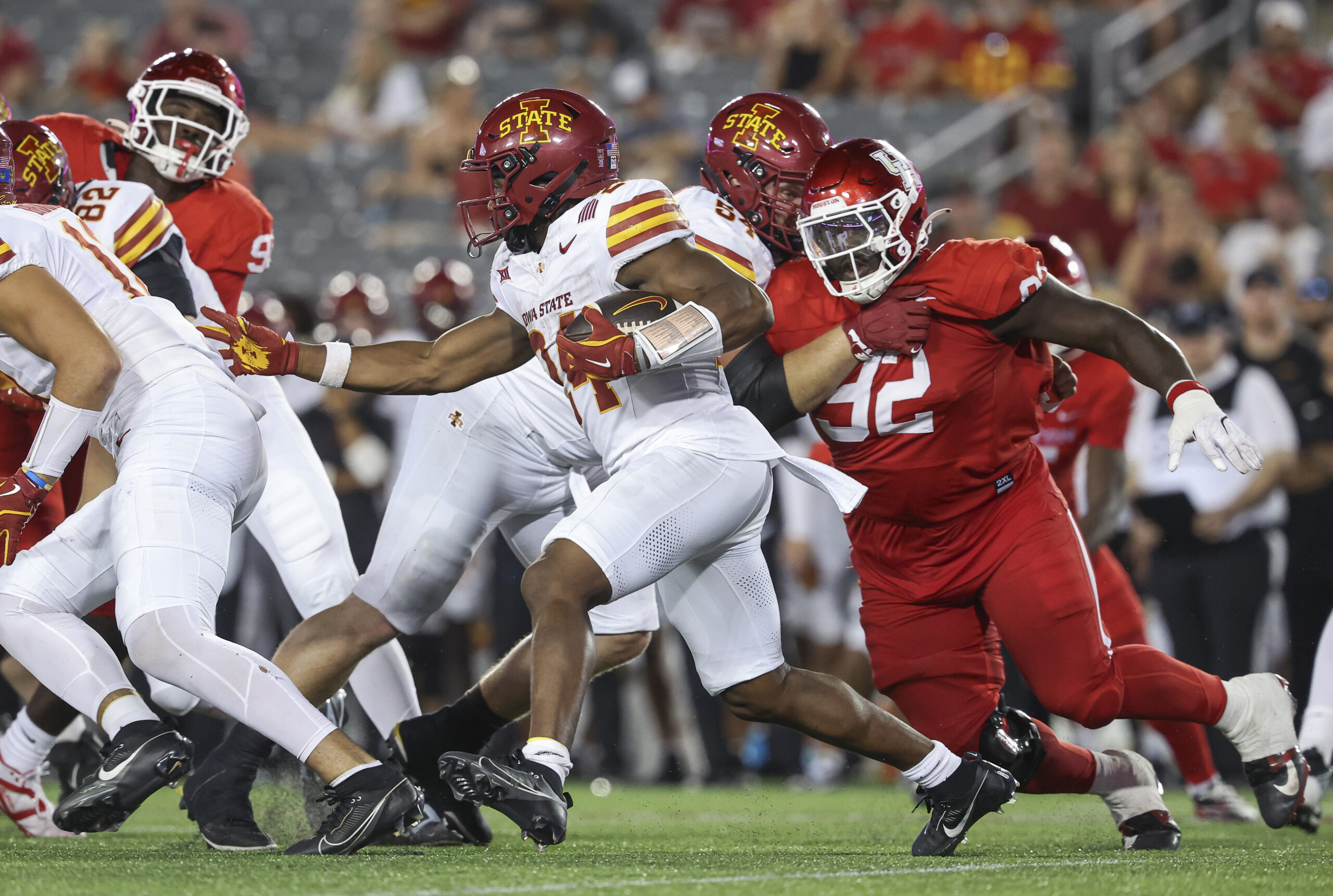 Sep 28, 2024; Houston, Texas, USA; Iowa State Cyclones running back Abu Sama III (24) runs with the ball during the fourth quarter against the Houston Cougars at TDECU Stadium.