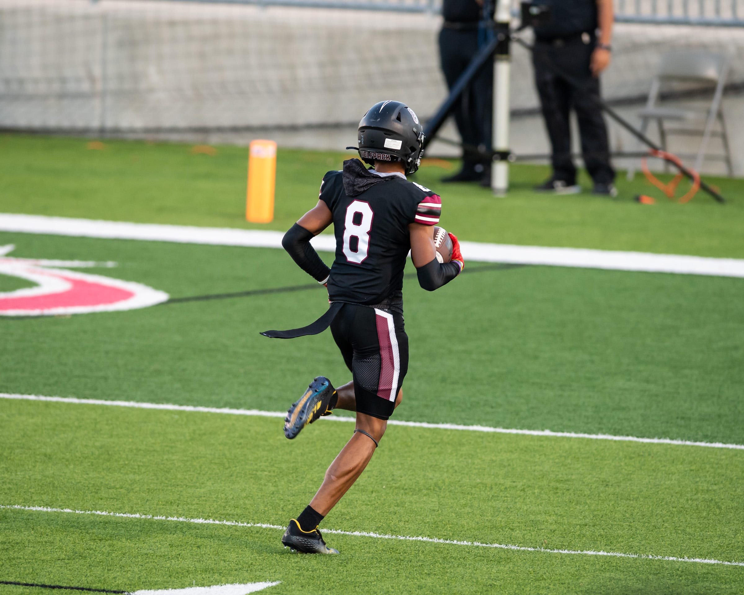 Adrian Wilson catches a touchdown pass from Jax Brown for Weiss. Round Rock won a non-district football game over Weiss 31-14 at the Pfield on August 26, 2022. 