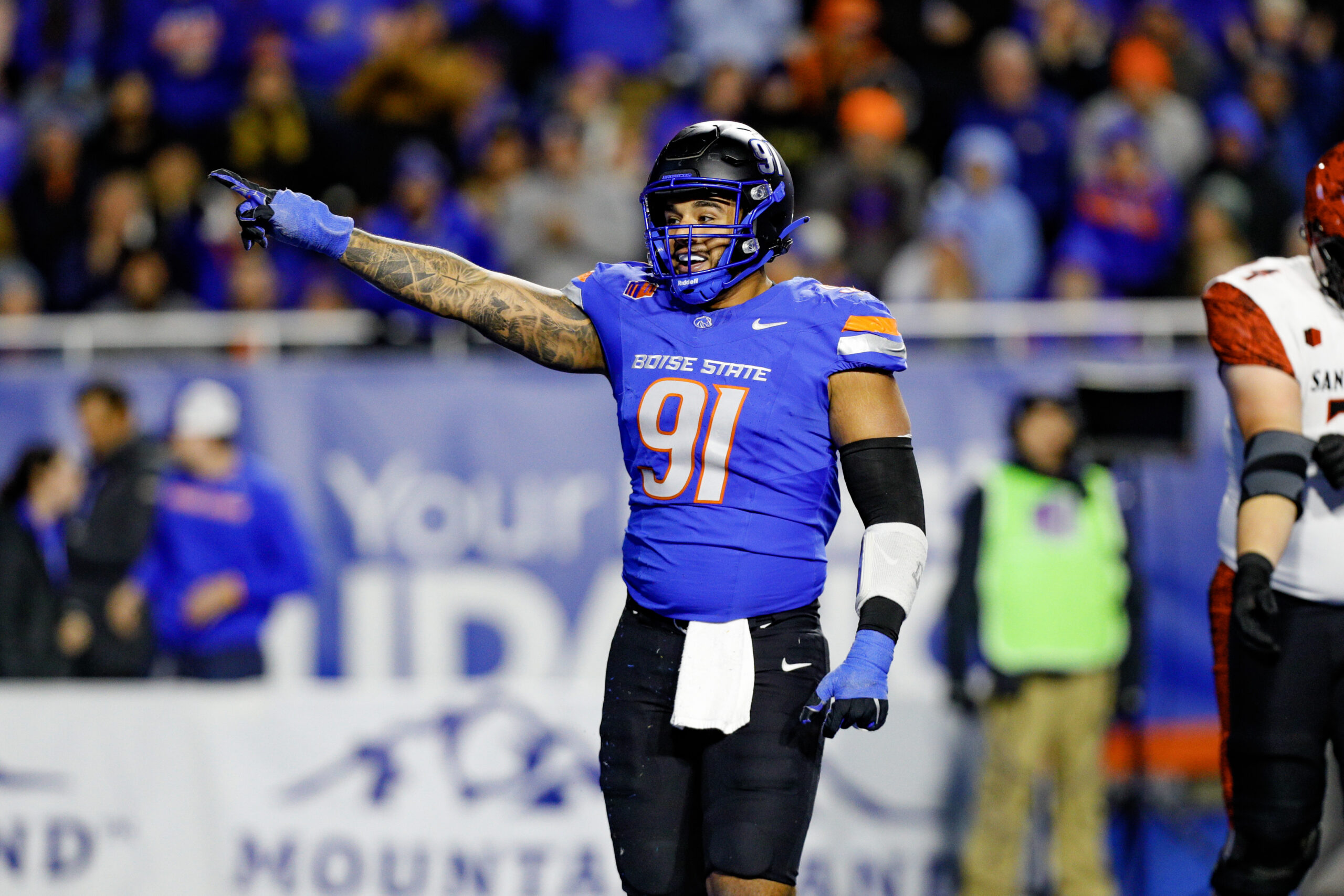Nov 1, 2024; Boise, Idaho, USA; Boise State Broncos defensive end Ahmed Hassanein (91) reacts during the second half against the San Diego State Aztecs at Albertsons Stadium. Boise State defeats San Diego State 56-24.