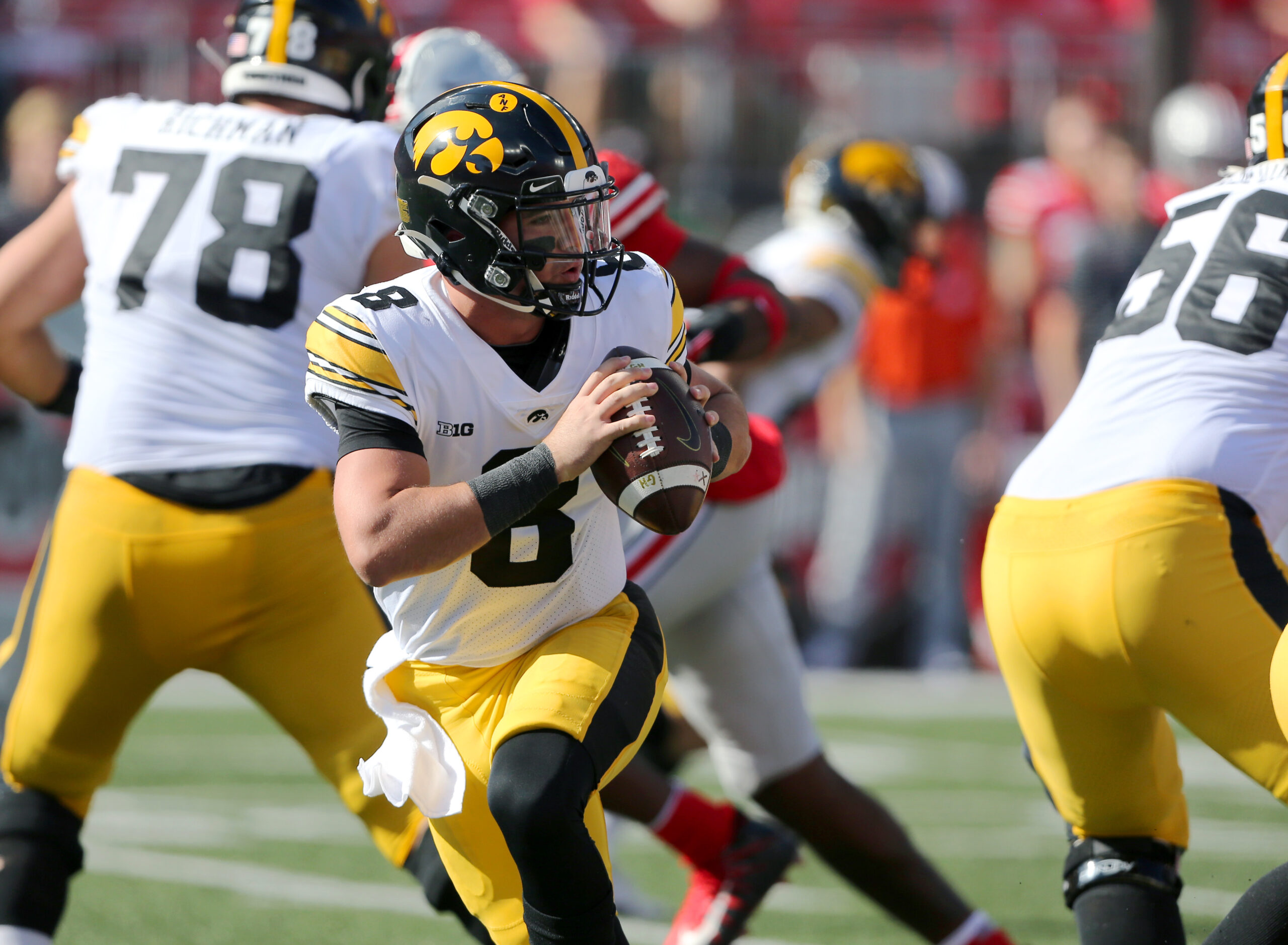 Oct 22, 2022; Columbus, Ohio, USA; Iowa Hawkeyes quarterback Alex Padilla (8) looks to throw during the third quarter against the Ohio State Buckeyes at Ohio Stadium.