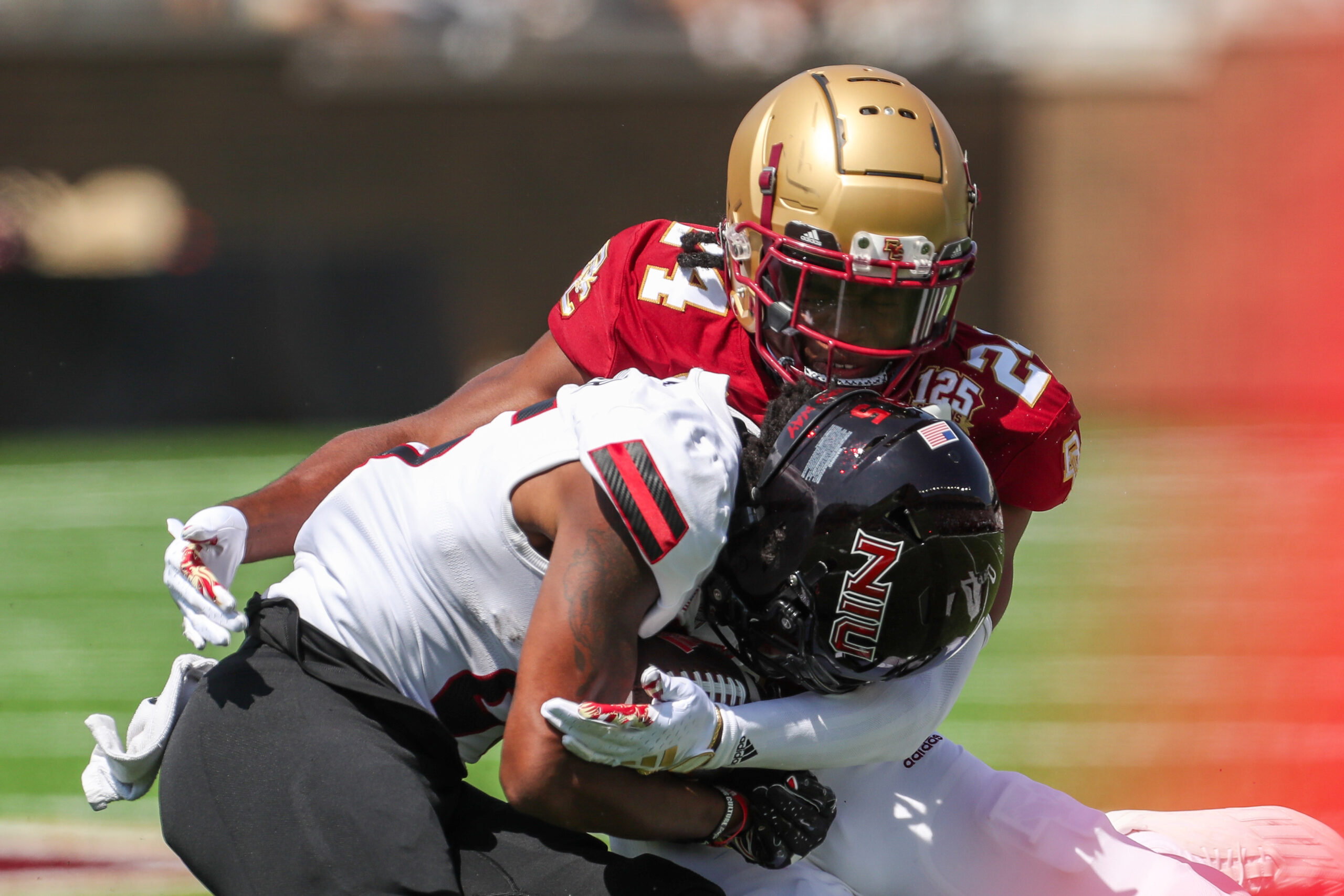 Sep 2, 2023; Chestnut Hill, Massachusetts, USA; Boston College Eagles cornerback Amari Jackson (24) tackles Northern Illinois Huskies receiver Trayvon Rudolph (85) at Alumni Stadium.