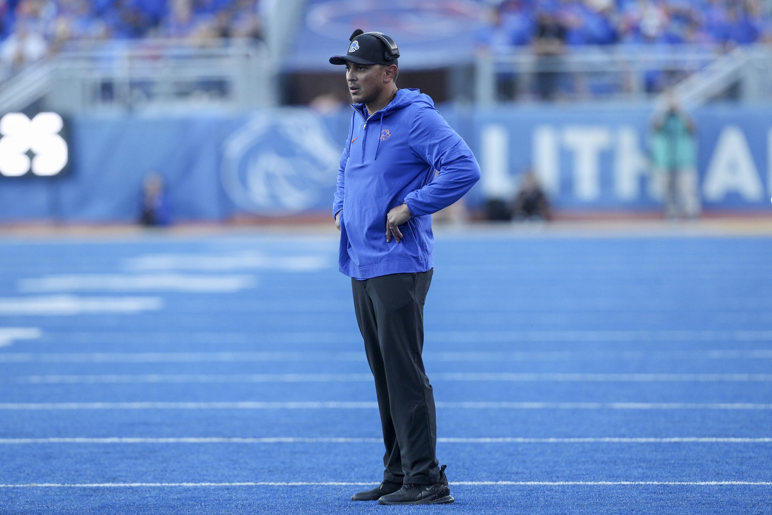 Oct 7, 2023; Boise, Idaho, USA; Boise State Broncos head coach Andy Avalos during the first half against the San Jose State Spartans at Albertsons Stadium.